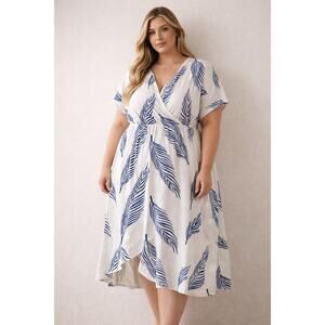 Womens 3X Ivory Blue Leaf Print Wrap Style Midi Dress Short Sleeve